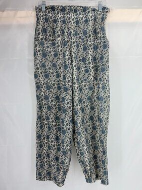 Pietsie Women L Paz Pant Blue Floral High Rise Stretch Semi Sheer Lightweight